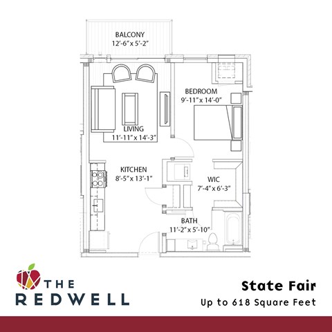 A floor plan for a home with a balcony, living room, kitchen, bathroom, and bedroom.